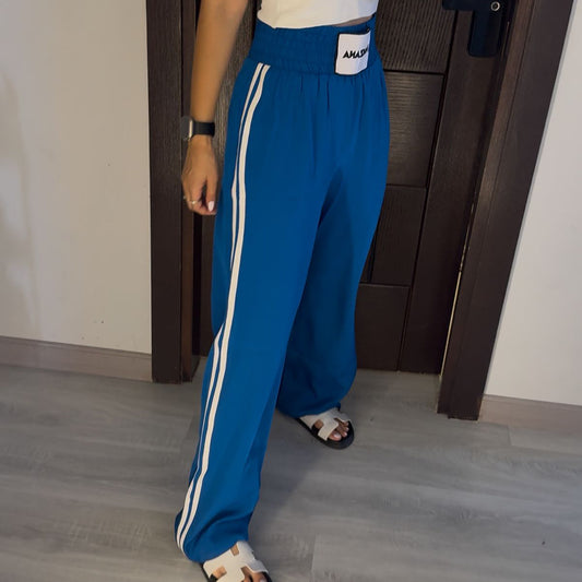 Double waist Blue Joggers with White Stripe