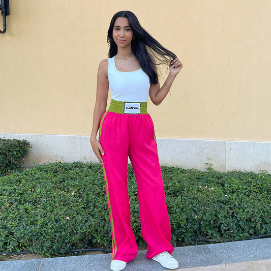 Double waist Fuchsia Joggers with Green Stripe