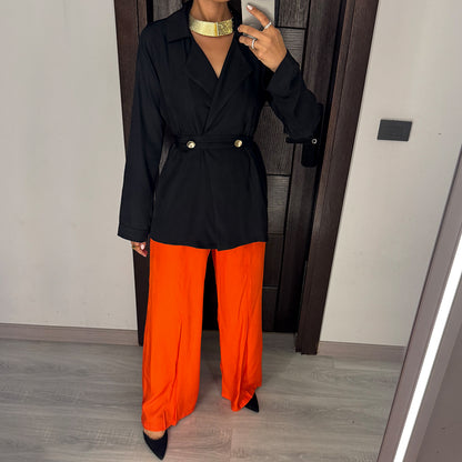 Black & Orange Satin Voile Wide-Leg Set