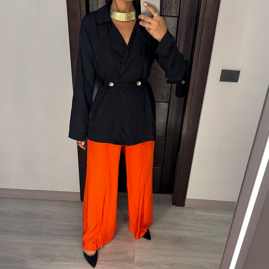 Black & Orange Satin Voile Wide-Leg Set