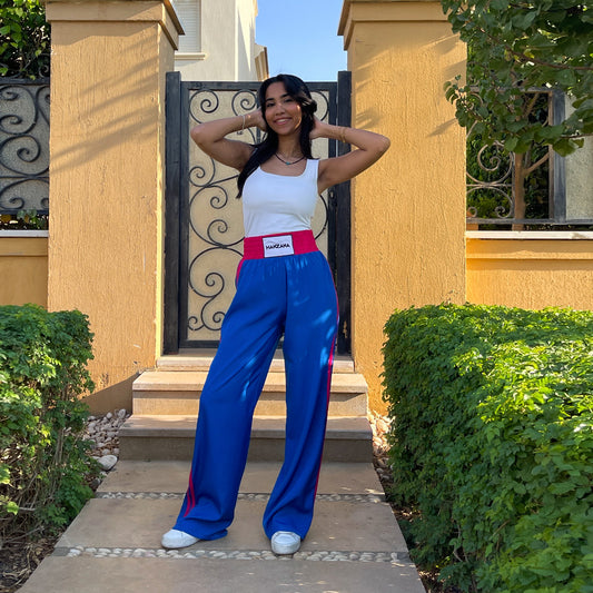 Double waist Blue Joggers with Fuchsia Stripe