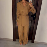 Beige Satin Voile Wide-Leg Set