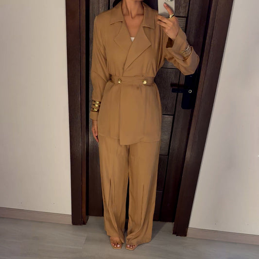 Beige Satin Voile Wide-Leg Set