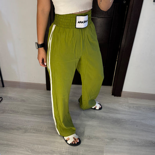 Double waist Green Joggers with White Stripe