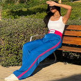 Double waist Blue Joggers with Fuchsia Stripe