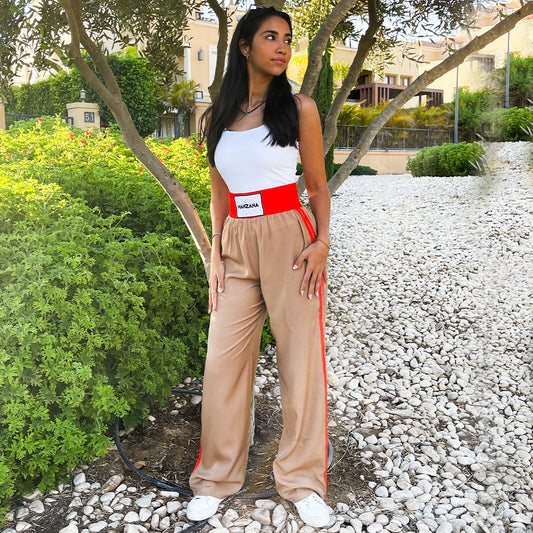 Double waist Beige Joggers with Orange Stripe