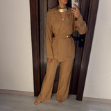 Beige Satin Voile Wide-Leg Set