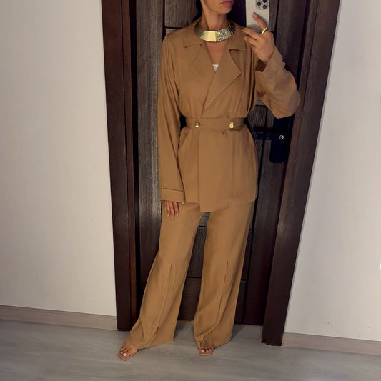 Beige Satin Voile Wide-Leg Set