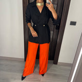 Black & Orange Satin Voile Wide-Leg Set