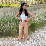 Double waist Beige Joggers with Orange Stripe