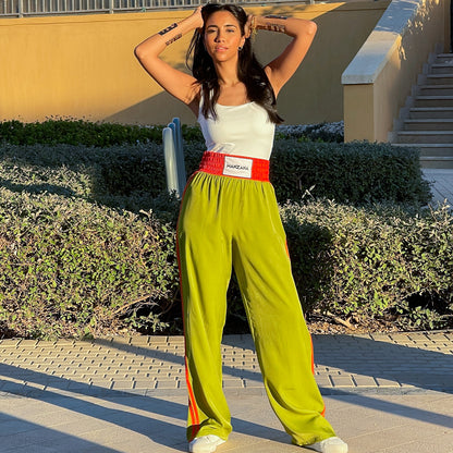 Double waist Green Joggers with Orange Stripe