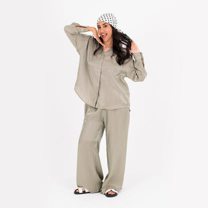 Olive Oversize Satin Set